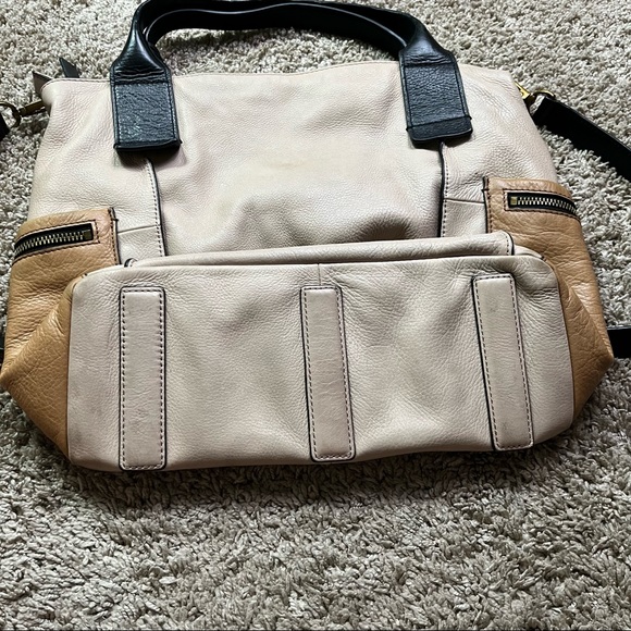 Fossil Emerson Color Block Side Pocket Satchel Tote Purse Leather Tan Black - Picture 7 of 10